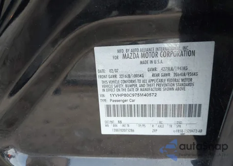 2007 Mazda Mazda6 I Sport Ve z USA, uszkodzony, nr VIN 1YVHP80C975M40572